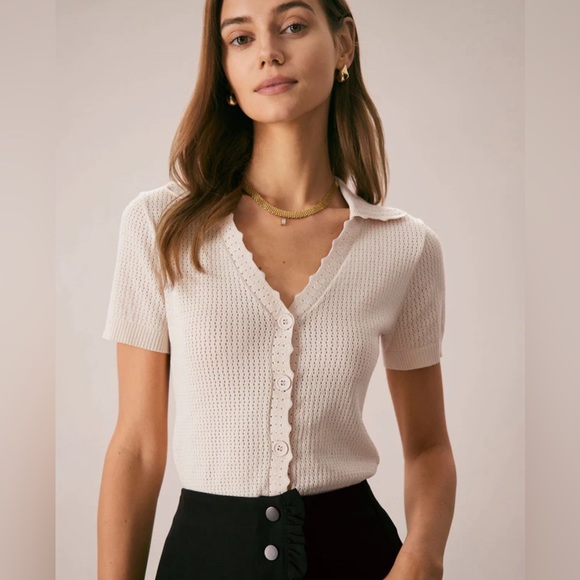 NWT RIHOAS V Neck Button Pointelle Knit Tee - Picture 2 of 6